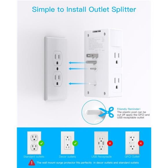 Surge Protector, 5 Outlets Extender with 4 USB Ports(USB C), 3-Side 1680J Power - Picture 4 of 8